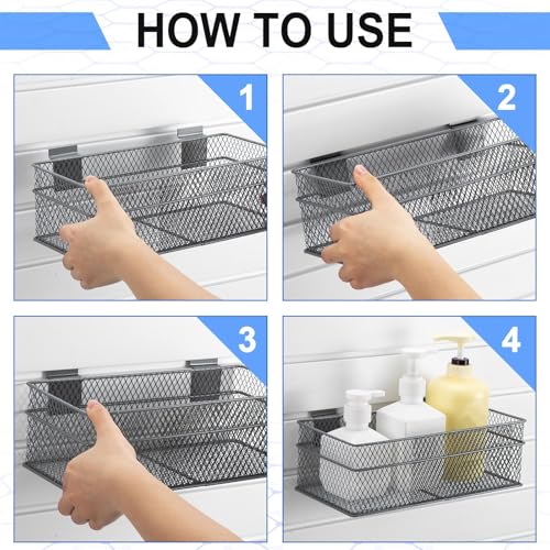 4 Pcs Slatwall Basket Set Ventilated Metal Slatwall Basket Hanging Wire Bins Wall Mounted Accessories for Panel Garage Storage Display Organizing (Assorted Sizes / Grey)