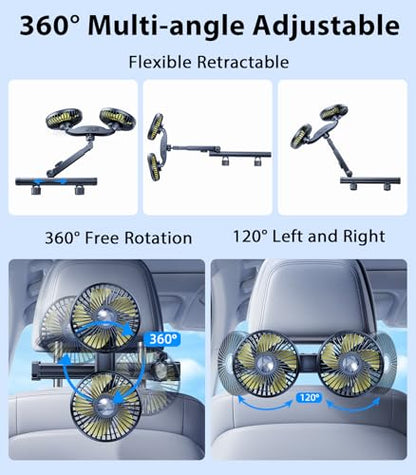 Long Arm Dual Head Car Cooling Fans for Back Seat for Kids (Battery Powered-Long Arm)