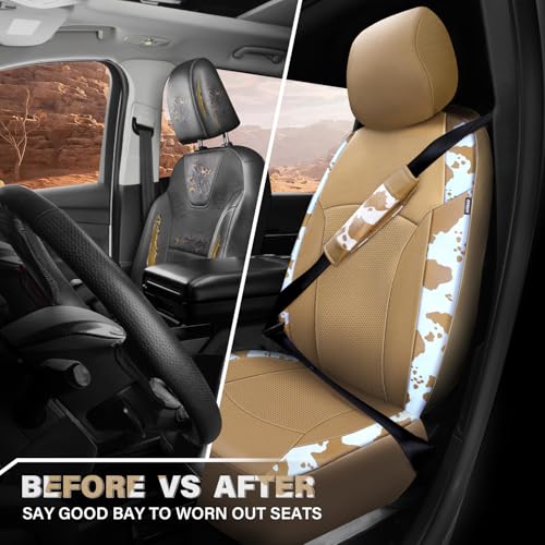 Cow Print Faux Leather Car Seat Covers & Cow Car Mats & Cow Steering Wheel Cover Seat Belt Pads Universal fit for SUV (Cow Print Beige)