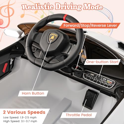 Ride on Car Lamborghini Licensed 12V Battery Powered 4WD Sports Car with Remote Control (White)