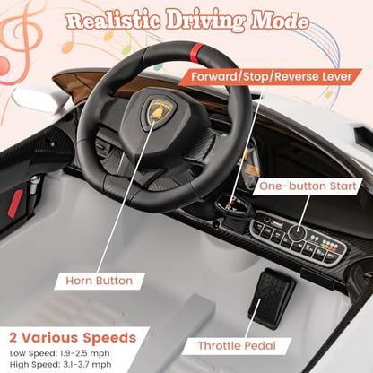 Ride on Car Lamborghini Licensed 12V Battery Powered 4WD Sports Car with Remote Control (White)