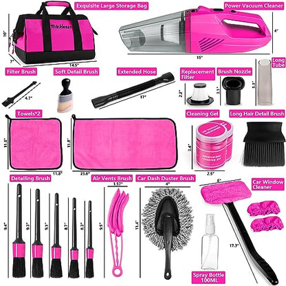 Car Cleaning Kit with High Power Car Vacuum Detailing Kit (Pink)