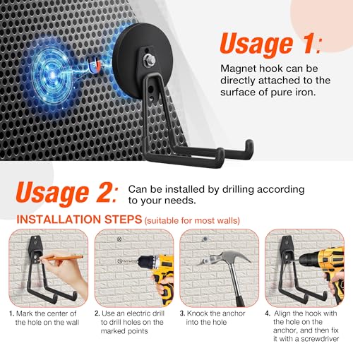 4 Pack Large Strong Magnetic Hooks for Hanging Heavy Duty (3.5" Magnet-4 Pack Larger L Hooks-Black)