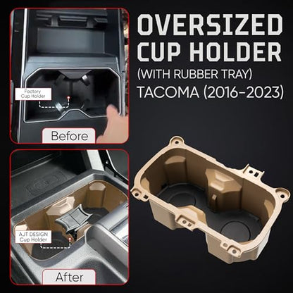 Oversize Cup Holder with Tray Compatible with Toyota Tacoma 2016 (Quicksand / With Rubber Tray)