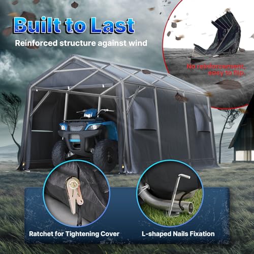 10X15 ft Garage Shelter Steel Metal Peak Roof Portable Storage Shed Carport for Motorcycle Boat (Dark Gray / 10'x15')