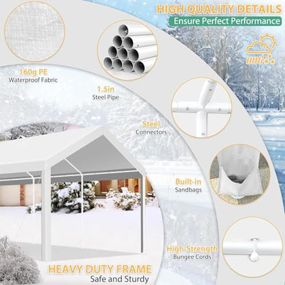 Carport 10x20ft Heavy Duty Portable Garage (White0605 / 10x20FT (+4 Walls))