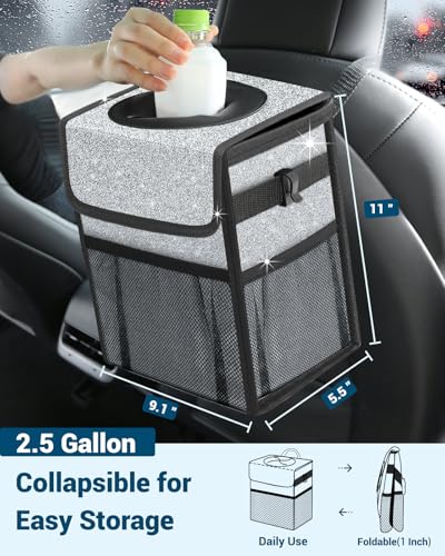 Car Trash Can with Lid (2.5 Gallons / Silver Glitter)