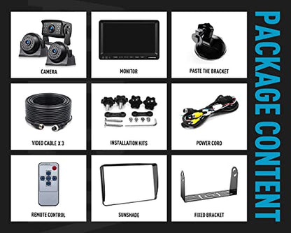 HD 1080P 7" Wired Backup Camera System Rear and Side Coverage (Deep Black / 7"-3 Cam)