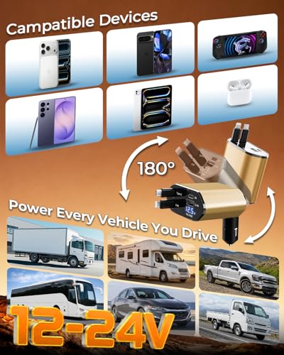 4 in 1 Retractable Car Charger (Gold)