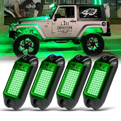4Pods Pure Green LED Rock Lights 72w high Power Rock Lights Neon Underglow Light for Car Trucks ATV UTV SUV Boat Underbody Glow Trail Rig Light IP68 Waterproof (Pure green rock lights - 4 pack)