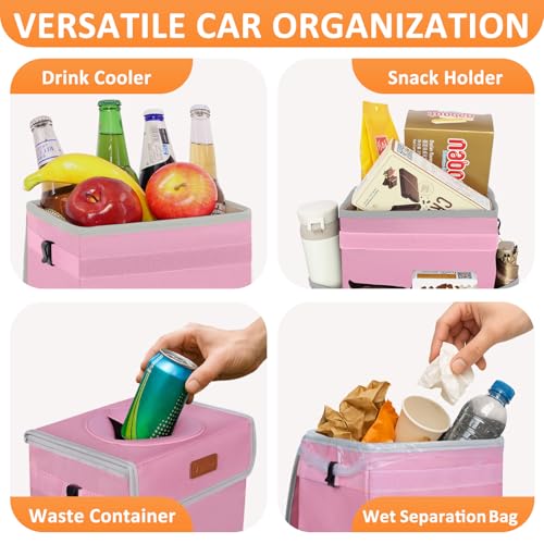 Car Trash Can with Lid Leak Proof Car Accessories for Women (2.2 Gallons / Pink)