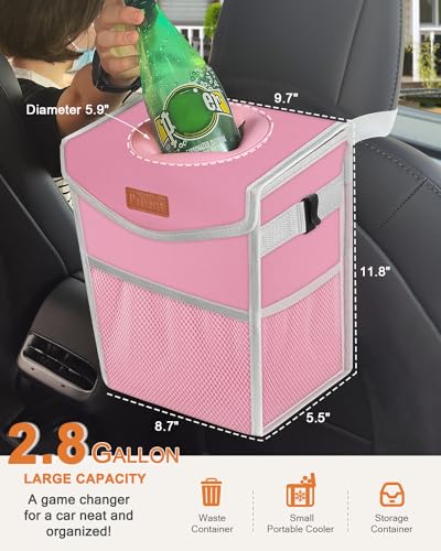 Car Trash Can with Lid Leakproof Car Garbage Bag Vehicle Trash Bin (2.8 Gallons / Pink)