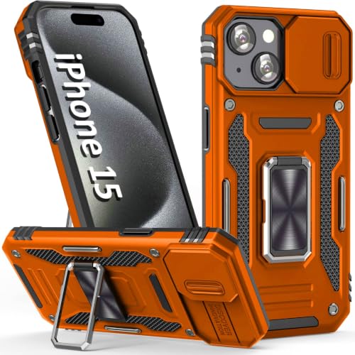 Orange Case for iPhone 15 with Slide Camera Cover & Stand (★ iPhone 15 【6.1 inches】 / Orang+Black)