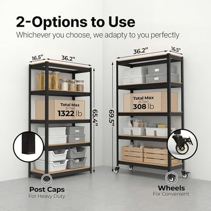House Black 36.2" W 5 Tier Rolling Storage Shelves Metal Cart (Black / (Wheels) 36.2"W x 16.5"D)