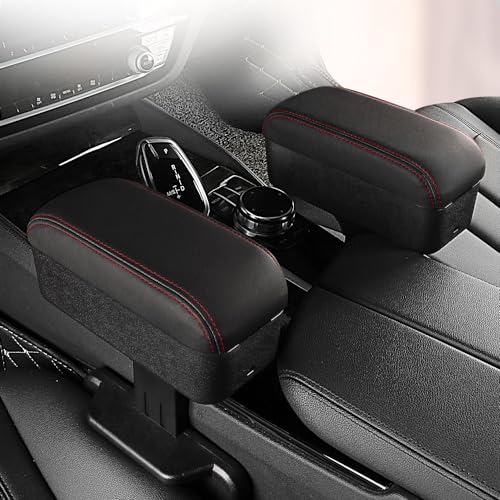 Car Armrest Box with Cup Holder Car Central Liftable Armres Storage Organizer Box Arm Rest (Black red line)