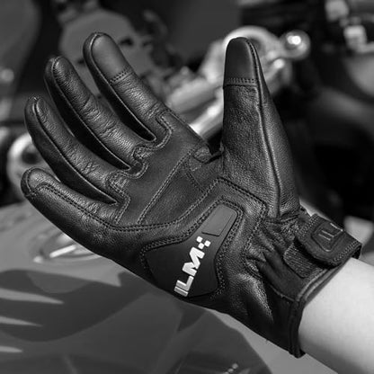 Goatskin Leather Motorcycle Motorbike Powersports Racing Gloves Touchscreen for Men and Women Model DN01 (Black Unperforated / Small)