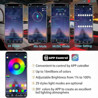 Interior Car LED Strip Lights RGB Fiber Optic Trim Lighting 5 in 1