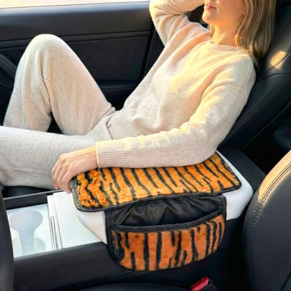 Plush Animal Print Car Center Console Cover with Side Pockets