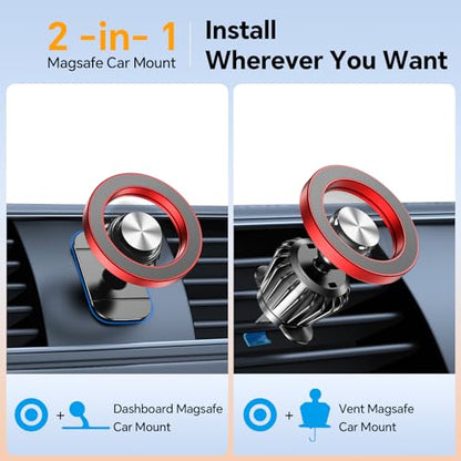 for Magsafe Car Mount【20 Strong Magnets】Magnetic Phone Holder for Car Phone Holder Mount Dash Mounted Holders Cell Phone Holders for Your Car Accessories for Women Men for iPhone 17 16 15 14 (Red)