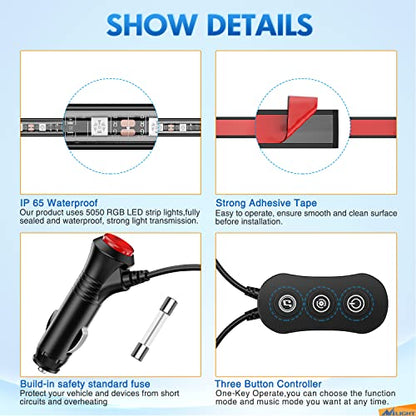 RGB LED Car Interior Stripe Light with APP Control Multicolor Music Sync Mode Waterproof Car Under (APP RGB Lights)