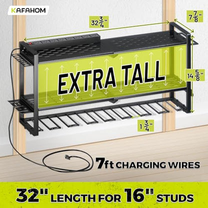 Power Tool Organizer with Charging Station. 8 Drill Holder 3 Layers Tool Storage Shelf Wall Mount Built in 8 Outlet Power Strip.Tool Battery Holder with Screwdriver (3L-8D / Black with Power)
