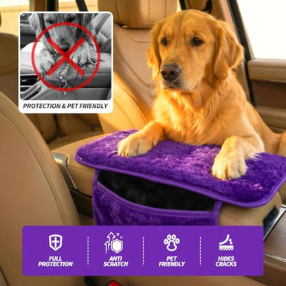Plush Fuzzy Fur Car Armrest Cover with Side Pockets