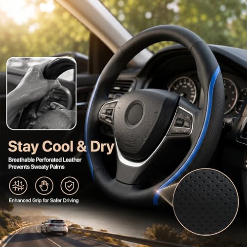 Steering Wheel Cover Blue and Black Leather Universal 14.5 (Medium / Blue)