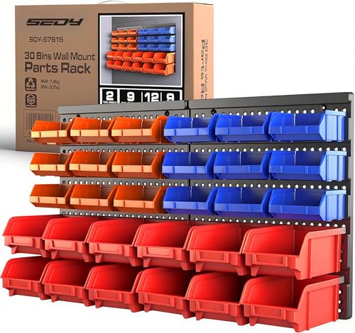 30-Bin Wall-Mounted Storage Rack System - Heavy-Duty Garage Tool Organizer for Screws, Nuts, Bolts, Nails, Beads, and Small Hardware Parts - Easy Installation and Customizable