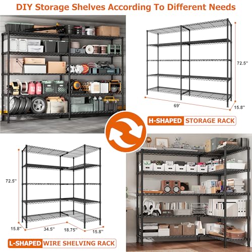 5 Tier Heavy Duty Storage Shelving Unit (Black-15.8"Dx69.8"Wx72.4"H-5 Tier)