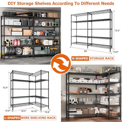 5 Tier Heavy Duty Storage Shelving Unit (Black-15.8"Dx69.8"Wx72.4"H-5 Tier)