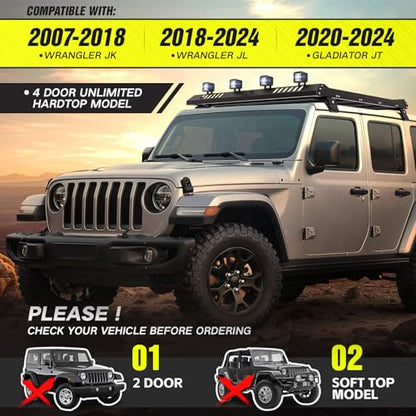 Roof Rack Cargo Basket with 4 PCS LED Light Bar Compatible with 2007 (Jeep Wrangler & Gladiator)