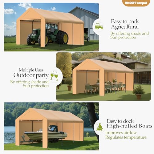 10x20 Carport Heavy Duty Portable Garage Shelter w (Yellow / 10x20 with sidewalls)