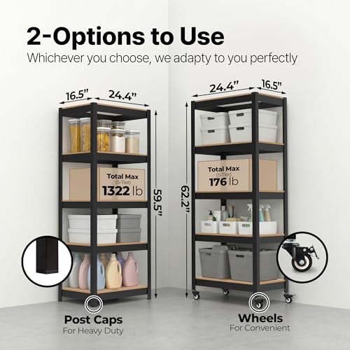 House Black 24.4" W 5 Tier Rolling Storage Shelves Metal Cart (Black / (Wheels) 24.4"W x 16.5"D)