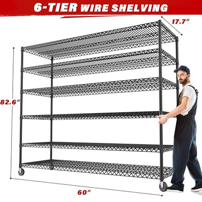 60" W 6 Tier Wire Shelving with Wheels & Feet (6-Tier,60" W X 82.6" H X 17.7" D)