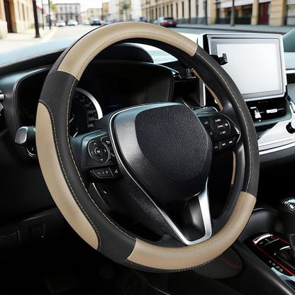 Car Steering Wheel Cover for Prius Civic Model 3 (Small size[14''-14 1/4''] / Black and Beige)