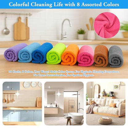Microfiber Cleaning Cloths 16 Pack 8 Colors 11.5"x11.5"