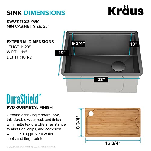 Kore 23 Inch Undermount Workstation 16 Gauge Black Stainless Steel Single Bowl Kitchen Sink in PVD Gunmetal Finish with Accessories (PVD Gunmetal / 23 inch / Sink)