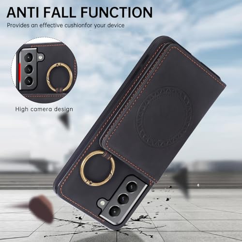 Compatible with Samsung Galaxy S21 Plus S21+ 5G Wallet Case Screen Protector Crossbody Shoulder Strap Ring Buckle Stand Card Holder Magnetic Car Mount Phone Cover for S21+5G S21plus Women Men Black (Black / for S21 Plus)
