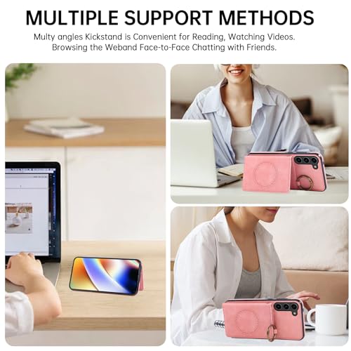 Compatible with Samsung Galaxy S23 5G Wallet Case and Screen Protector Crossbody Shoulder Strap Ring Buckle Stand Card Holder Magnetic Car Mount Cell Phone Cover for S 23 23S SM (Rose Gold / for S23)