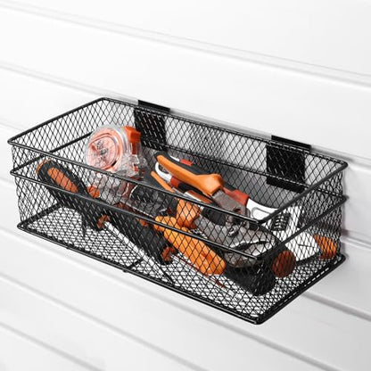 4 Pcs Slatwall Basket Set Ventilated Metal Slatwall Basket Hanging Wire Bins Wall Mounted Accessories for Panel Garage Storage Display Organizing (XX-Large / Black)
