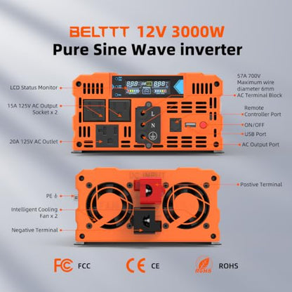 3000W Pure Sine Wave Inverter 12V DC to 120V AC (3000W)