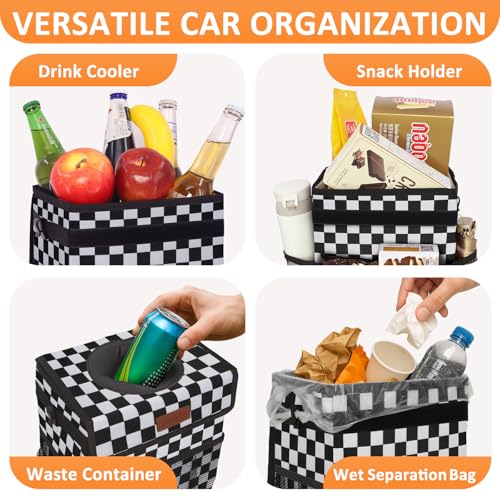 Car Trash Can with Lid Leak Proof Car Accessories for Women (2.2 Gallons / Black White Checkered)