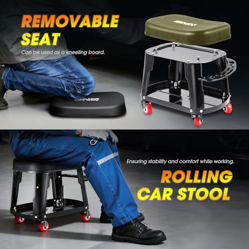 TOOLS 00252 Removable Rolling Garage Stool with Seat Cushion & Tool Tray Plate (Black)