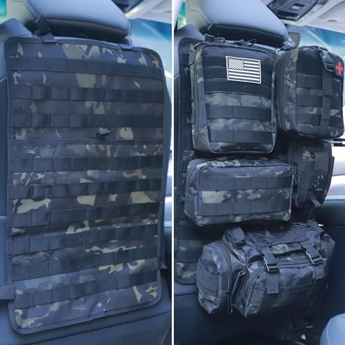 Universal Tactical Seat Back Organizer Vehicle Molle Panel Organizer Storage Bag with 5 Detachable Molle Pouch for All Vehicel Such as Jeep (A model-Black Camo)