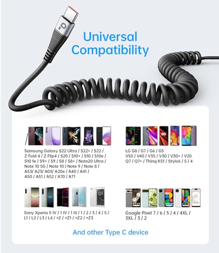 USB C Cable 3A Fast Charging 5FT Coiled USBC to USBC Charger Cable for Car (5FT / USB C to USB C / Silver)