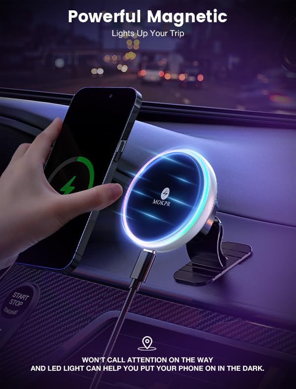 for Magsafe Car Mount Charger 15W LED RGB Car Phone Holder for Dash Vent (Silver)