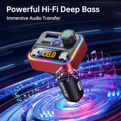 Bluetooth 5.4 FM Transmitter Car Adapter 42W [Light Switch] [Stronger Dual Mics] [HiFi Deep Bass] [Fast Charging] Wireless FM Radio Music Adapter Hands (Red)