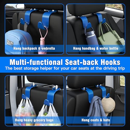 4 Pack Car Headrest Hooks Holds 55lbs Seat Storage Organizer for Bags (Blue)