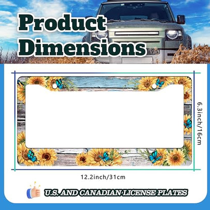 Blue Butterfly Sunflower License Plate Frame Stainless Steel 6.3 X 12.2 in (Blue Butterfly Sunflower)