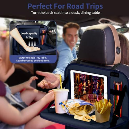 Car Backseat Organizer with Foldable Tablet Holder (Dark Blue-3 / 2 Pack with Food Tray)